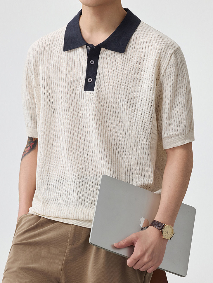 男士薄款春夏新款老錢風男翻領短袖針織衫亞麻純色撞色日系簡約薄