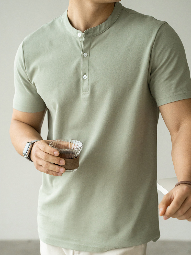 春夏新款7A抗菌防蟎防曬透氣亨利領短袖T恤男士休閒打底衫上衣