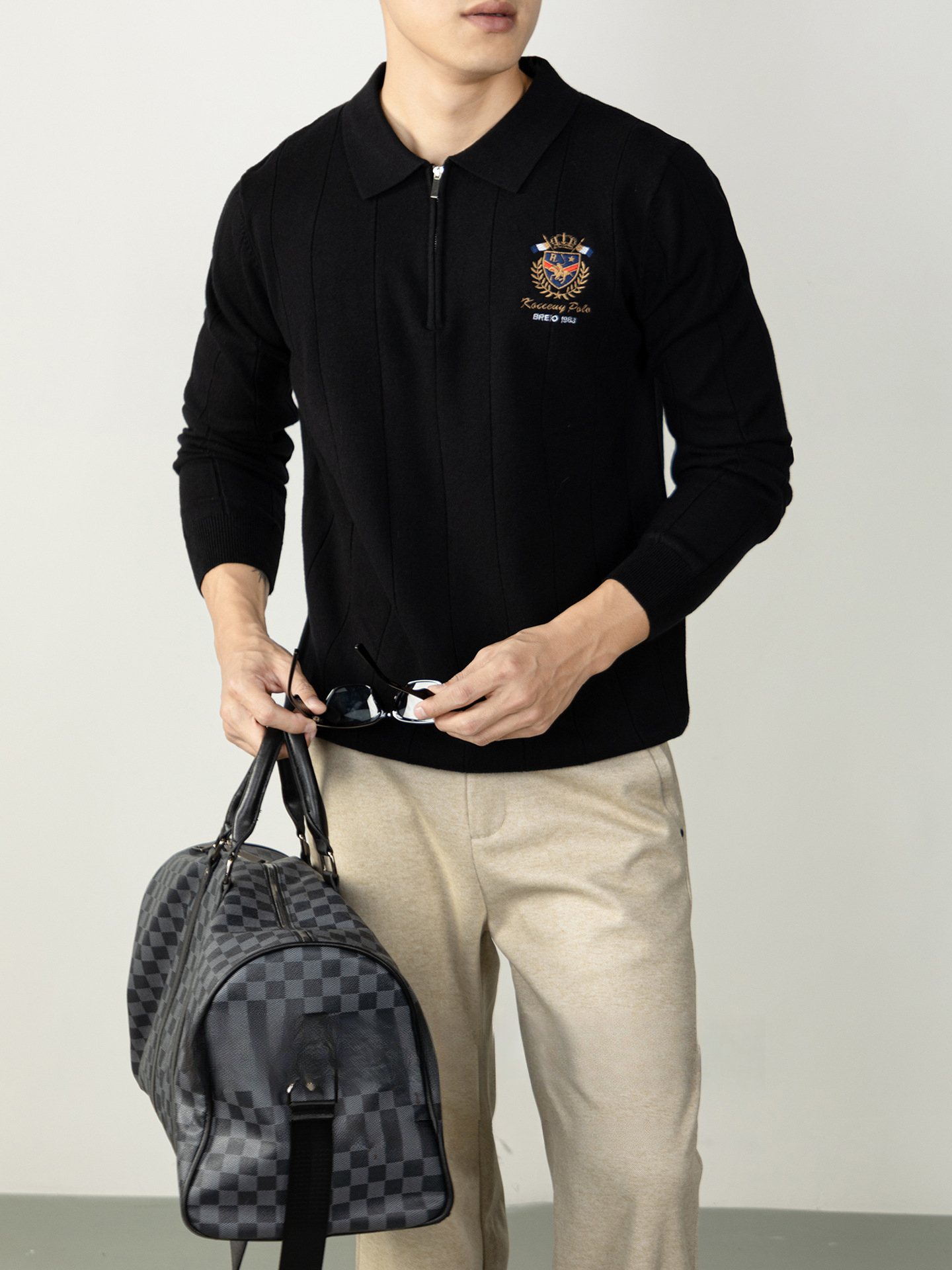 【古典徽章刺繡】輕奢男士豎紋羊毛針織衫半拉鍊保暖冬季休閒毛衣