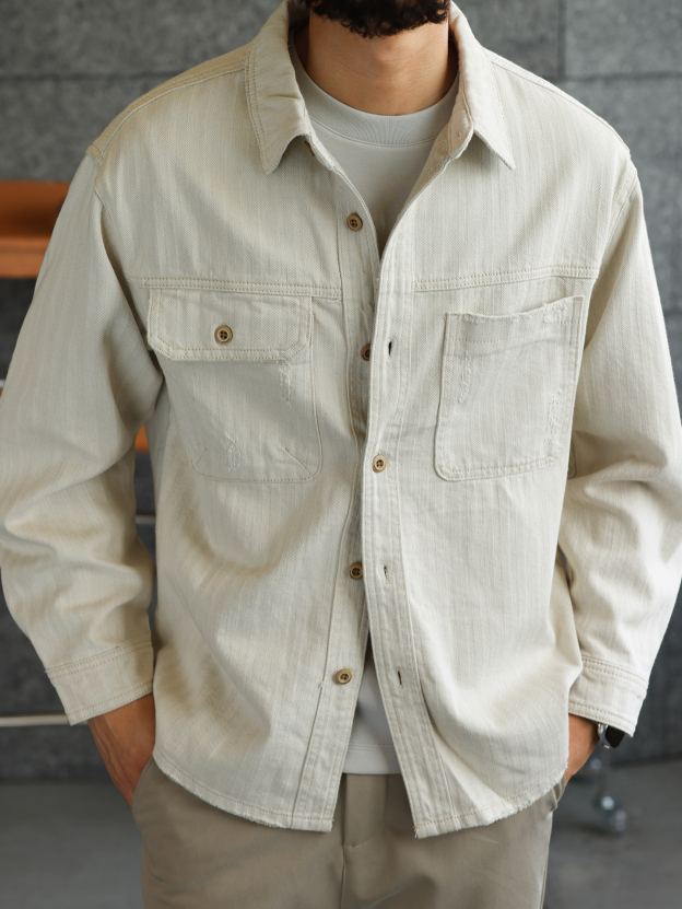 【智性通勤】純棉雙色人字紋牛仔襯衫男細膩質感休閒外套