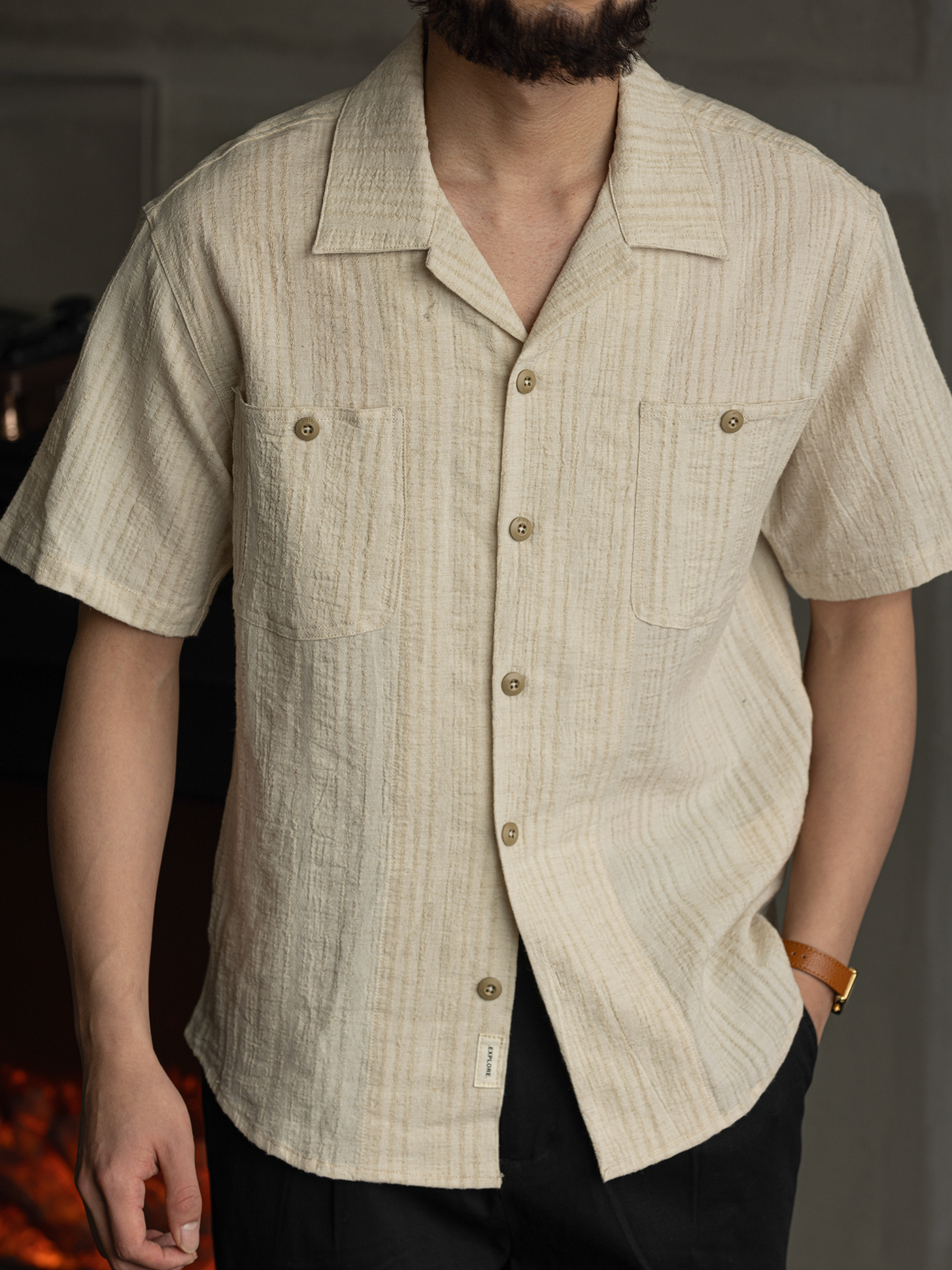 都市復古亞麻混紡短袖襯衫男休閒古巴領襯衣寬鬆翻領外套