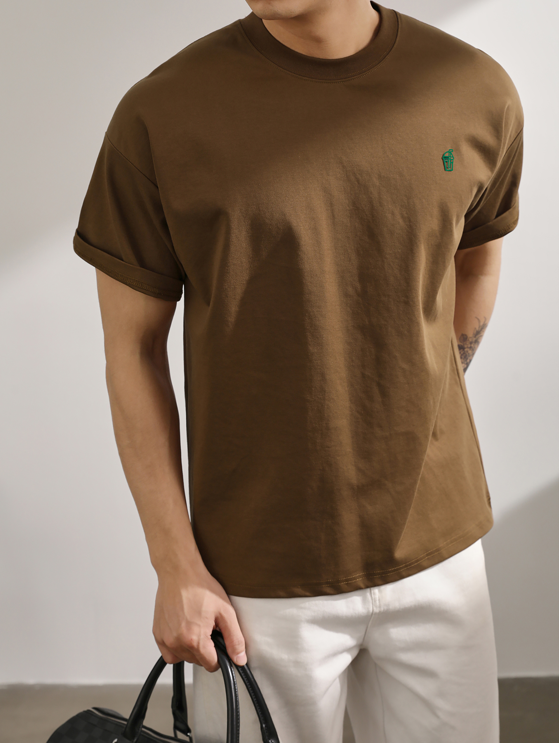 雙面原棉透氣短袖T恤男生夏季落肩微寬鬆飲料瓶壓膠印花上衣