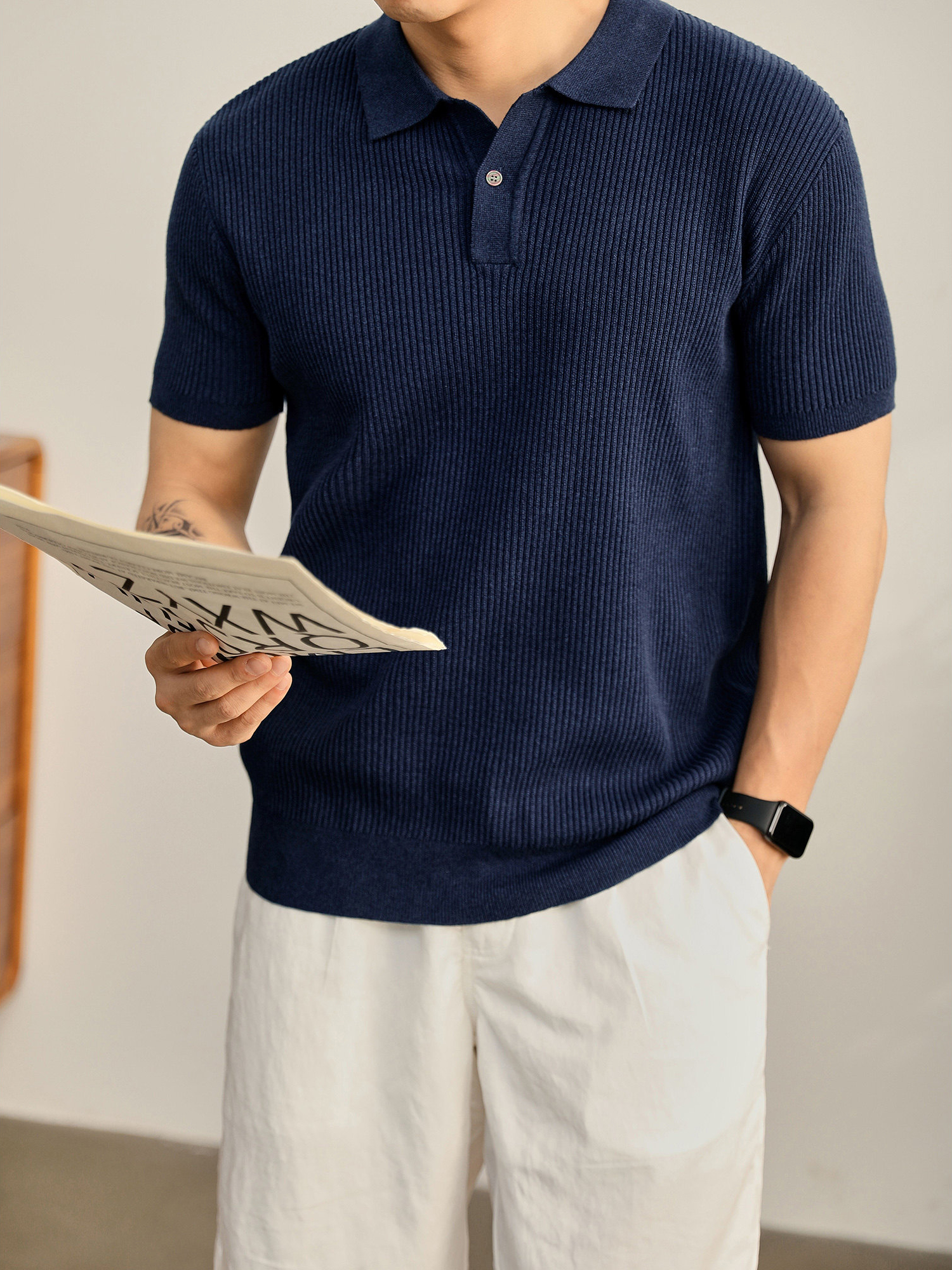 老錢輕熟風夏季涼感坑條肌理感針織POLO衫男士半拉鍊翻領T恤