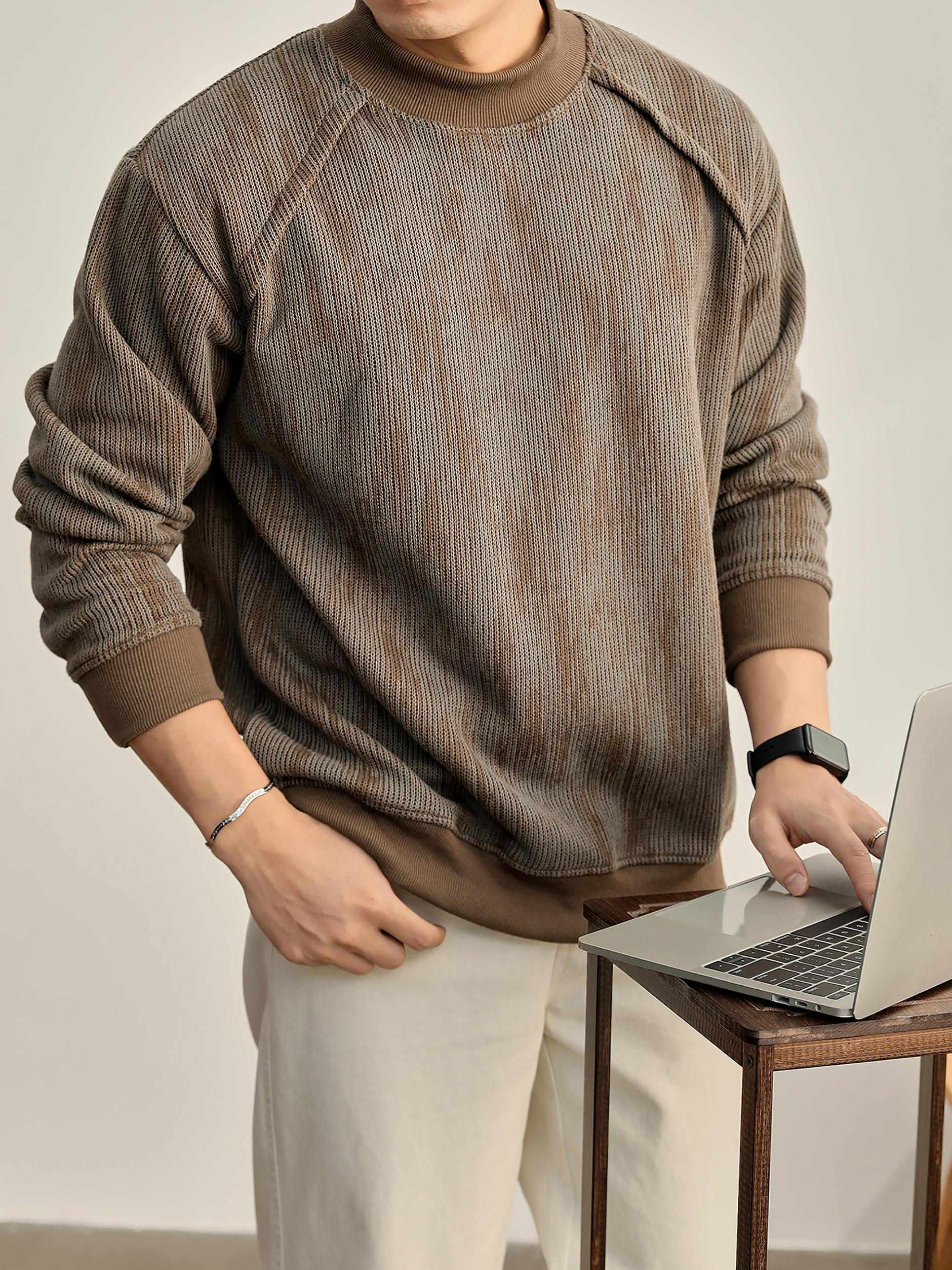 美式復古漸變斑駁感圓領衛衣男珠地蜂窩網重磅420g針織上衣