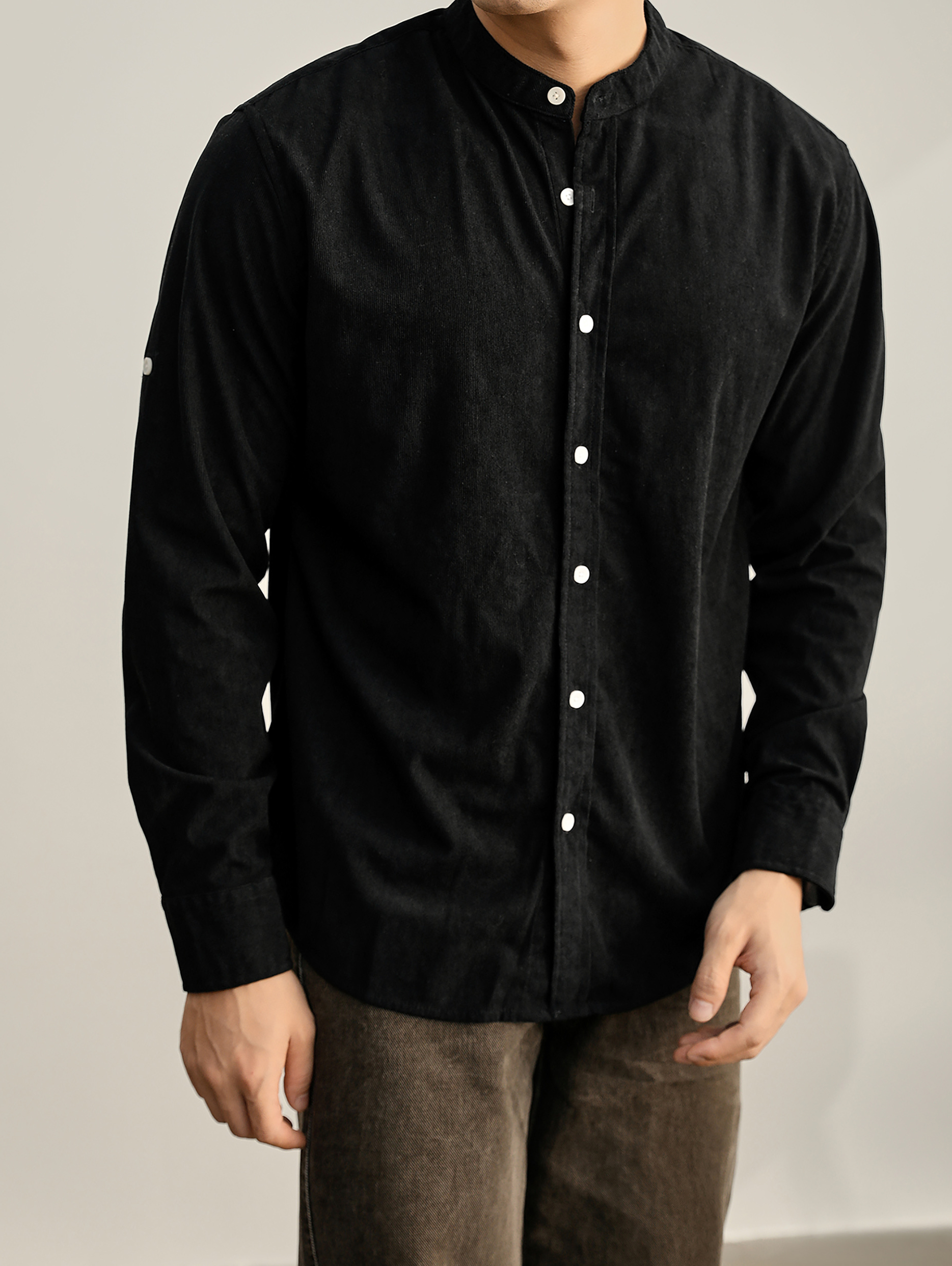 老錢風質感燈芯絨新中式立領休閒襯衫男潮流捲袖單穿小襯衣