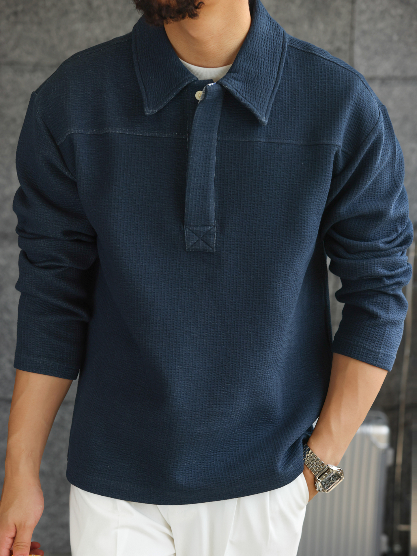 【藍調紳士】空氣層提花肌理半開襟POLO衫男通勤長袖上衣