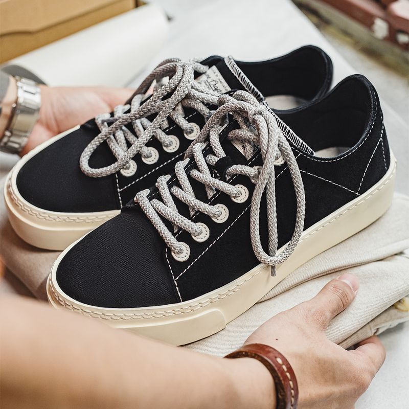 厚底帆布鞋秋冬新款翻毛皮黑色低幫增高男鞋休閒運動百搭板鞋-Retro's Wear