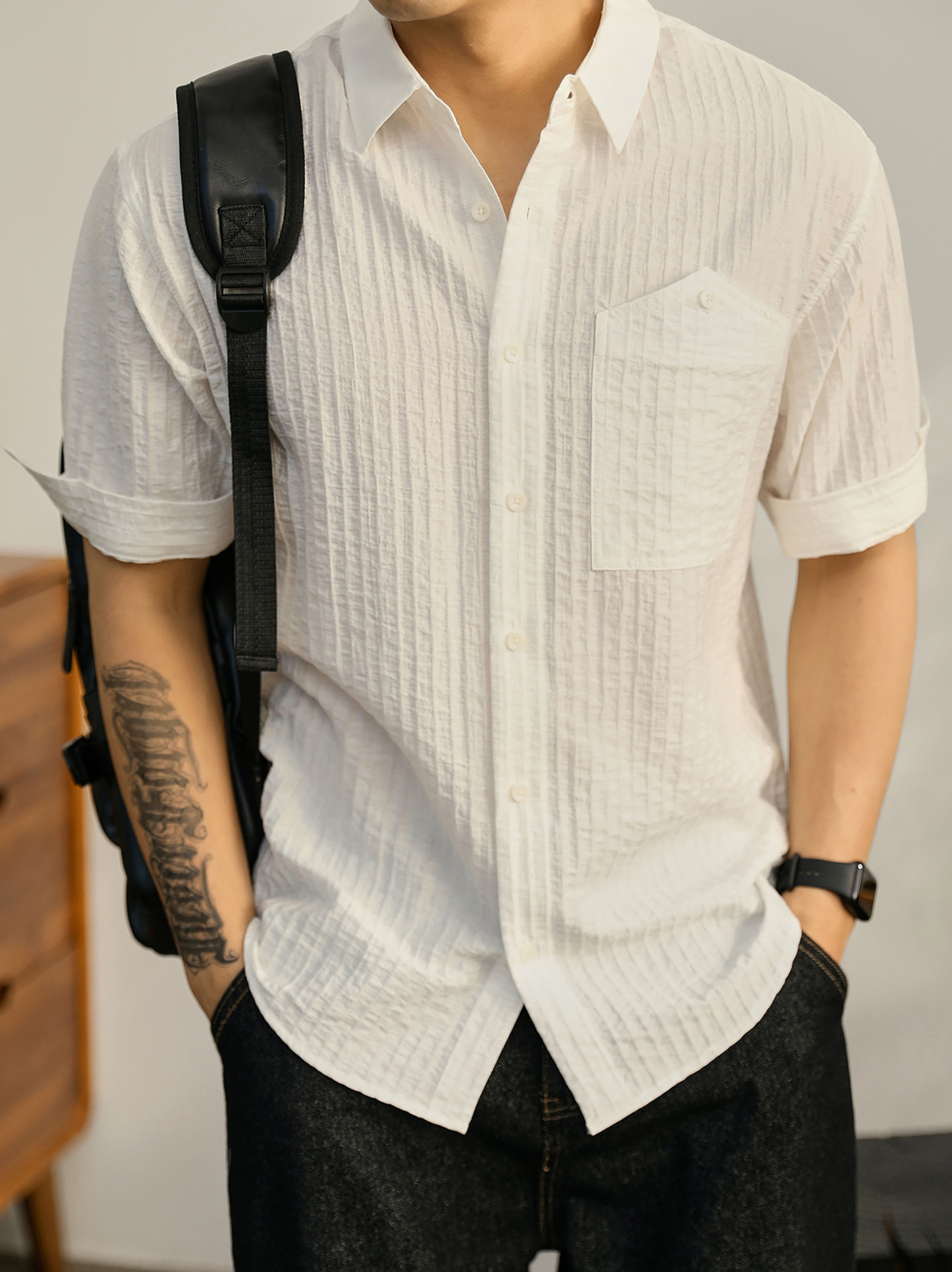 時尚潮流帥氣單穿襯衫男萊賽爾透氣襯衣泡泡肌理感紋理短袖