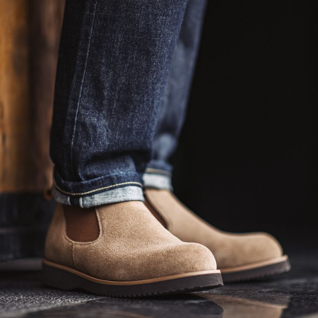 切爾西靴男冬季新款一脚蹬復古工裝靴百搭牛反絨圓頭休閒皮鞋-Retro's Wear