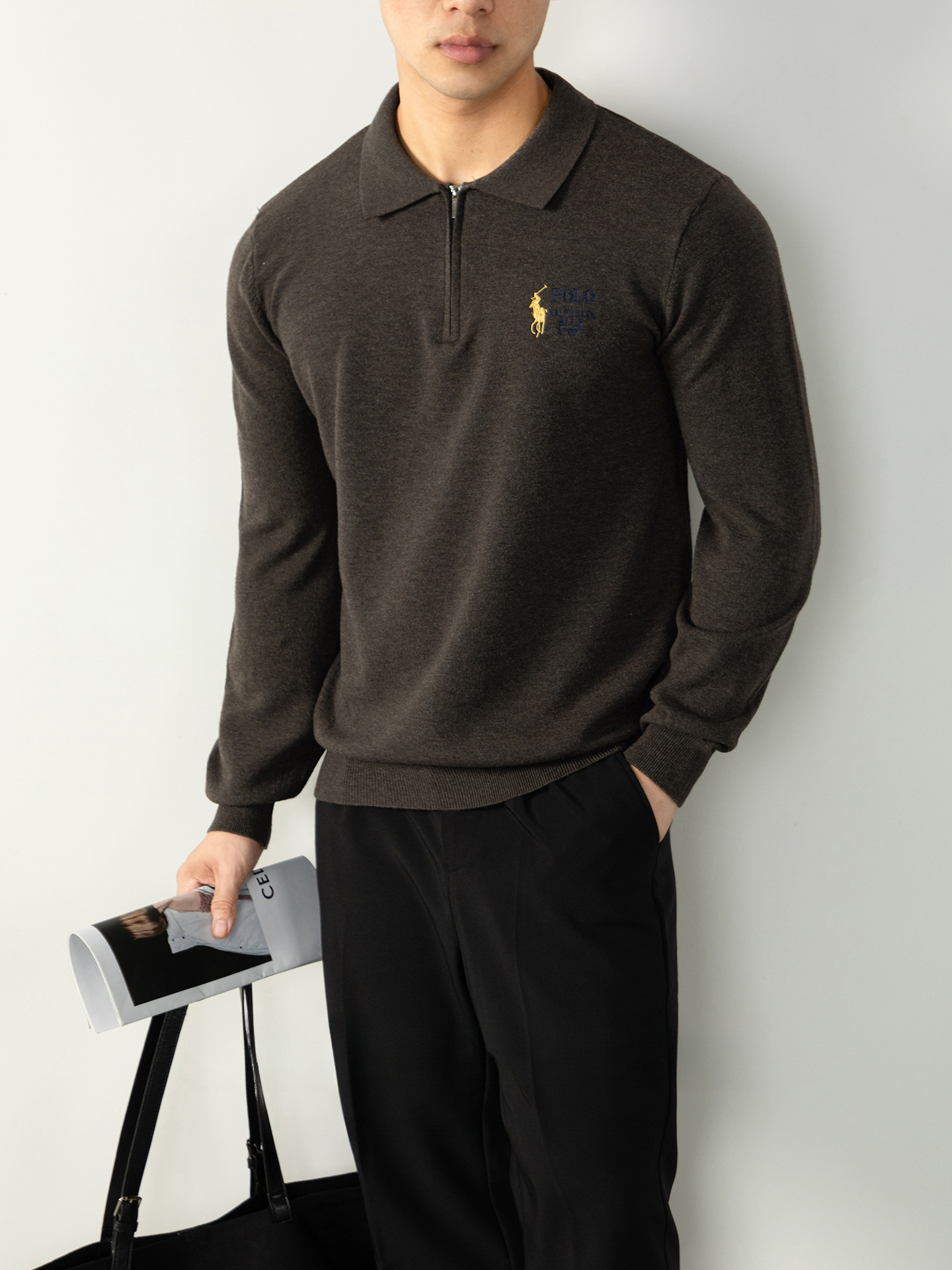 半拉鍊針織衫輕熟男士商務通勤保暖刺繡毛衣冬季