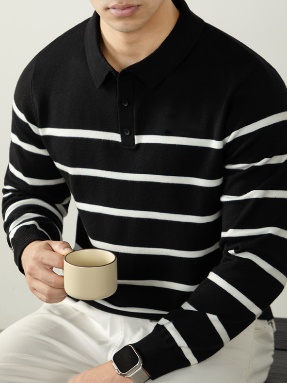 【羊毛莫代爾】舒適親膚條紋毛衣男時尚質感紐扣翻領針織衫高級感