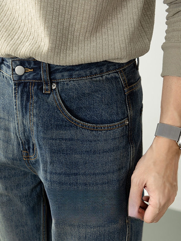 【美式休閒風】復古水洗藍色牛仔褲男士長褲微闊直筒舒適通勤秋冬