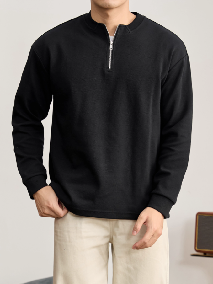 簡約百搭半拉鍊立領白T恤衫男士立體編織肌理感長袖針織衛衣