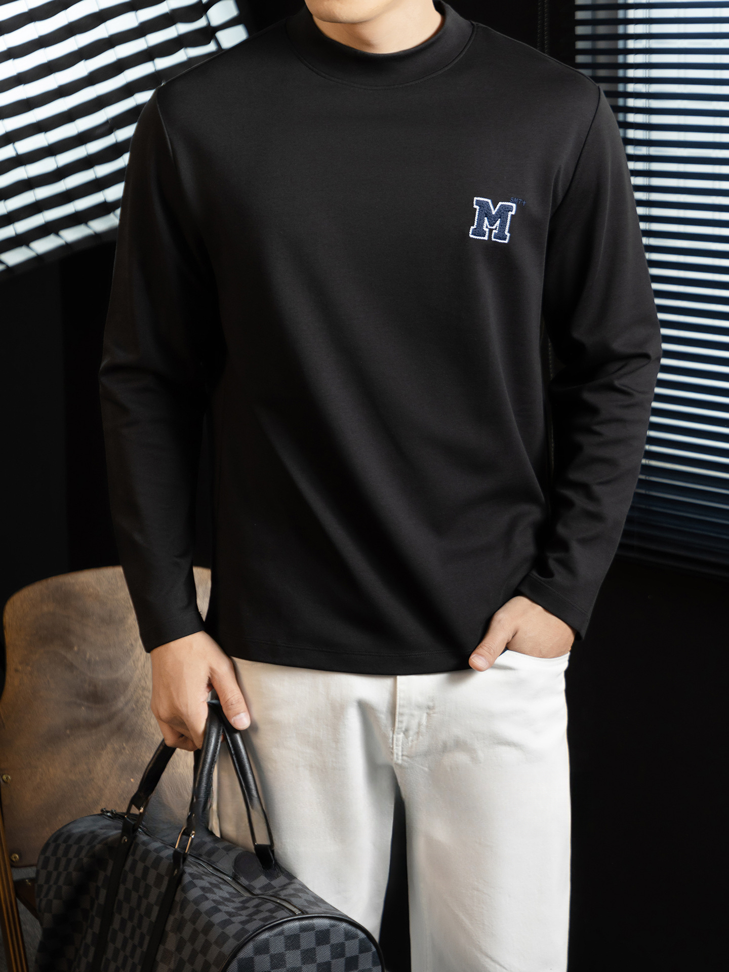 【靜奢休閒風】5A抗菌莫代爾棉長袖T恤秋冬男士中領打底衫3D刺繡