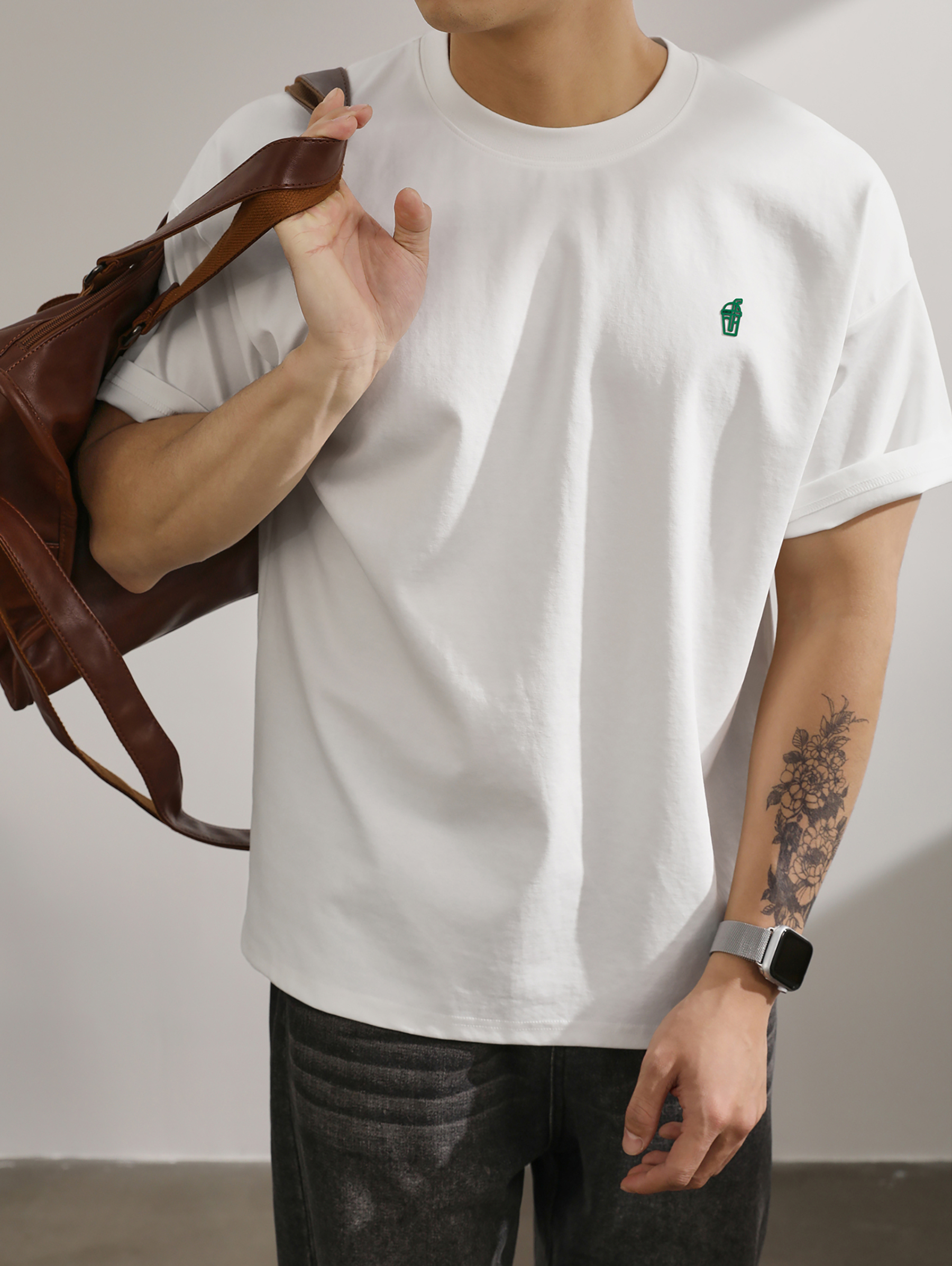 雙面原棉透氣短袖T恤男生夏季落肩微寬鬆飲料瓶壓膠印花上衣