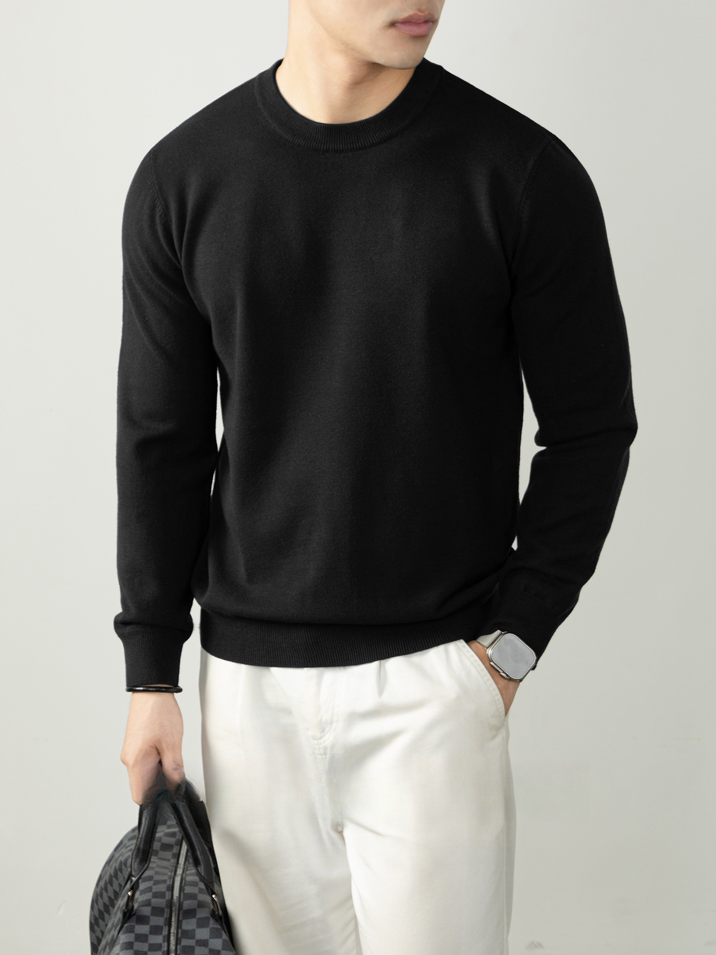 暖柔羊毛莫代爾混紡秋冬保暖舒適圓領男士針織毛衣高級感