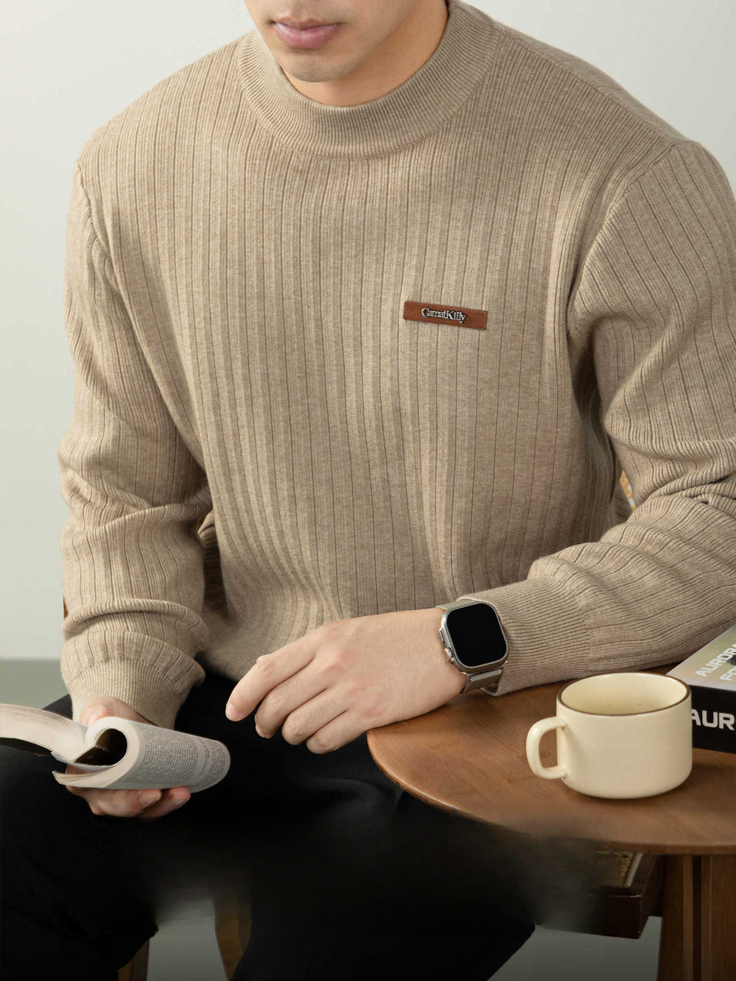 萊賽爾羊毛提花針織半高領軟暖質感豎紋肌理都市輕熟男裝秋冬款