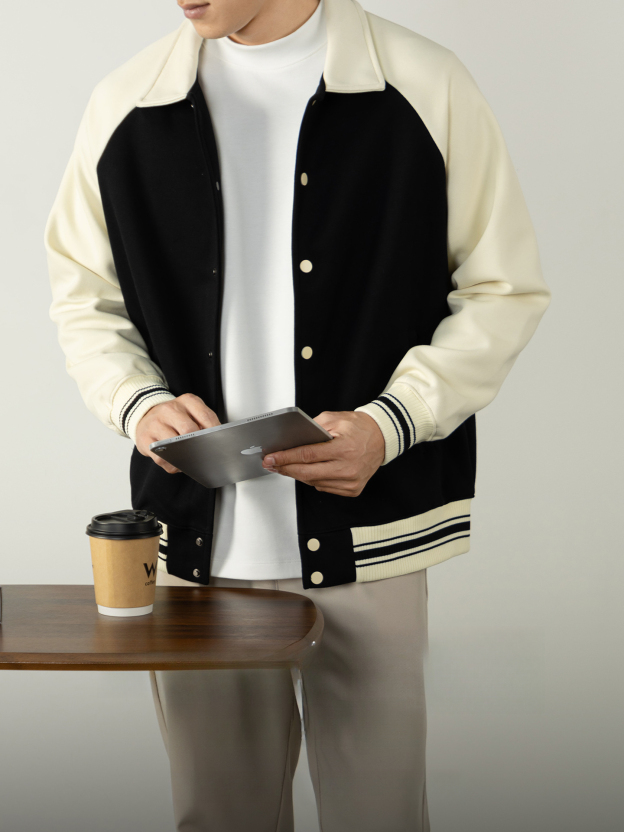 【復古撞色格調】380G重磅精梳棉棒球服翻領男士冬日暖感穿搭單品