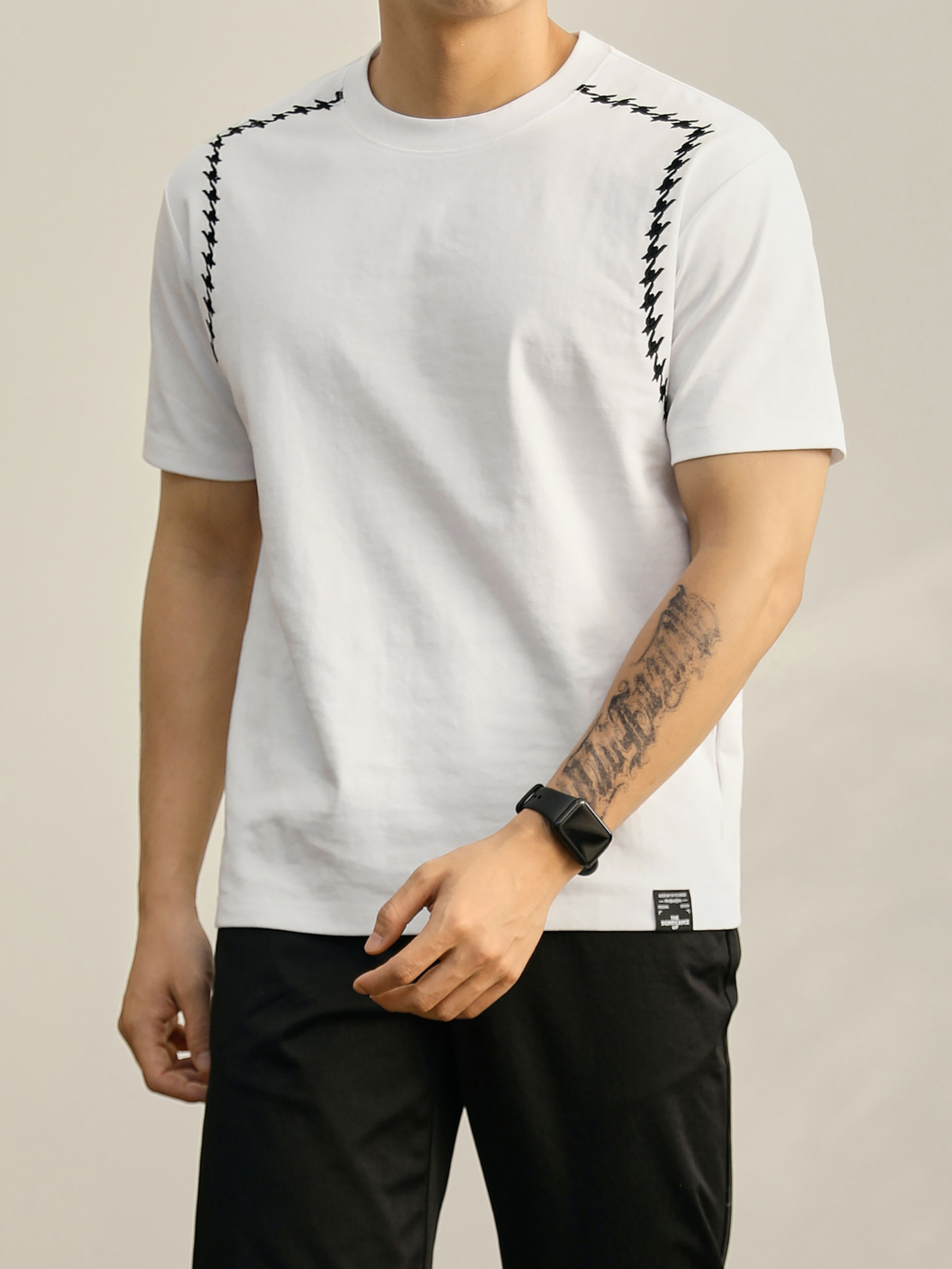 男夏季重磅冰感棉舒適圓領短袖時尚千鳥紋刺繡對稱分割線T恤