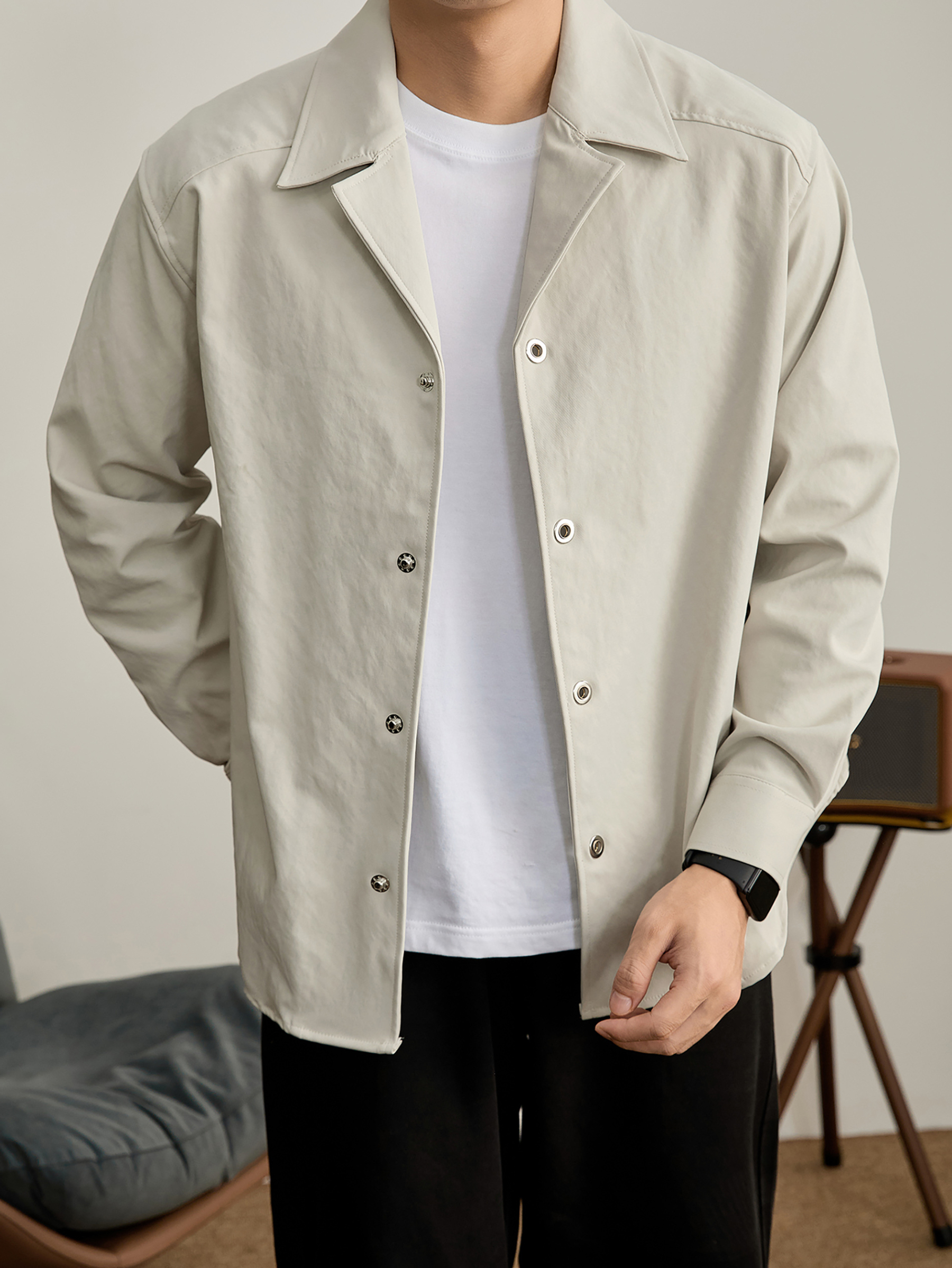 秋冬季男士防風保暖古巴領襯衫夾克簡約純色單排扣風衣外套