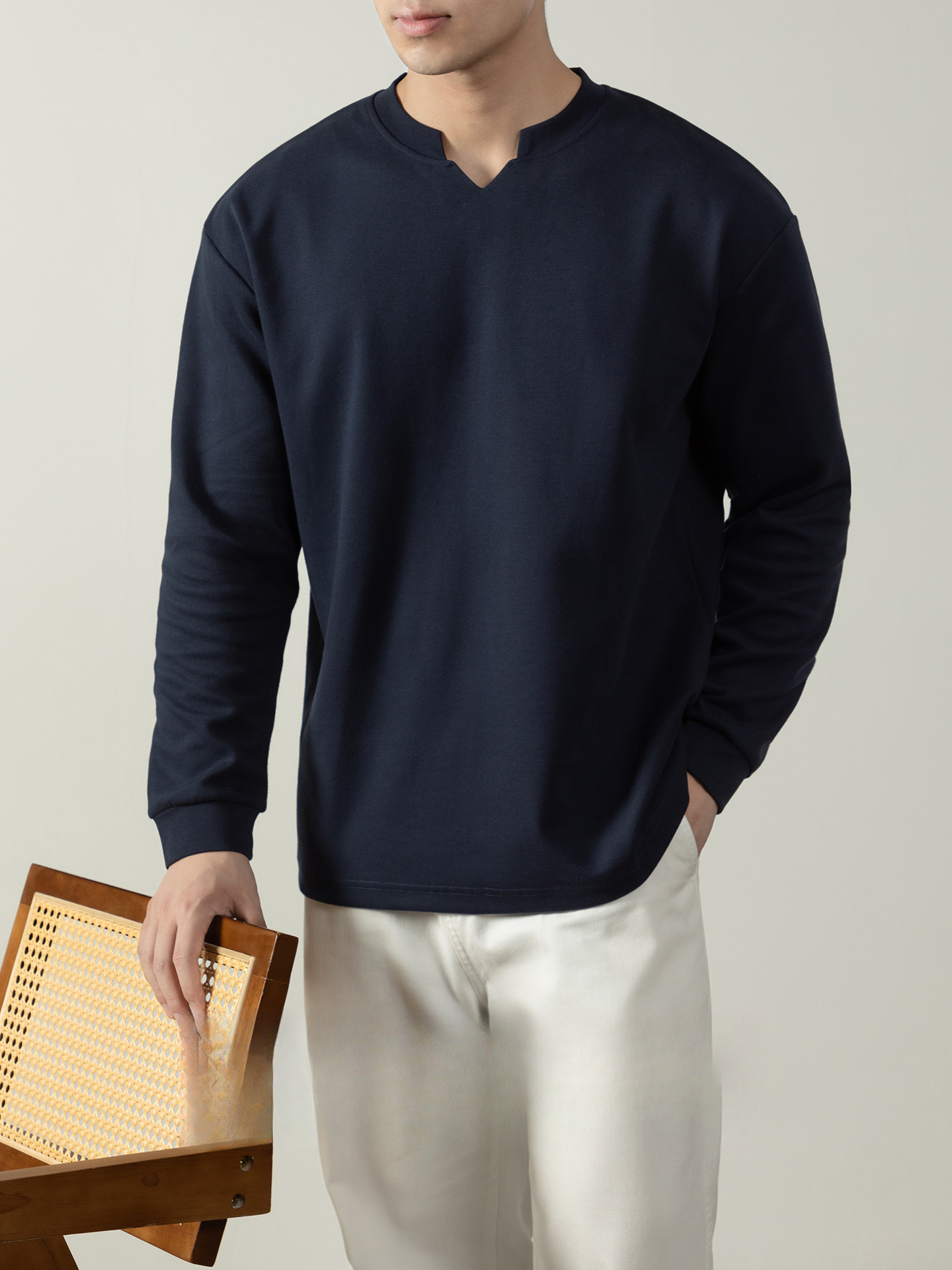 鬆弛感| 高質雙面棉小V亨利領柔軟T恤長袖男士秋冬重磅打底衫