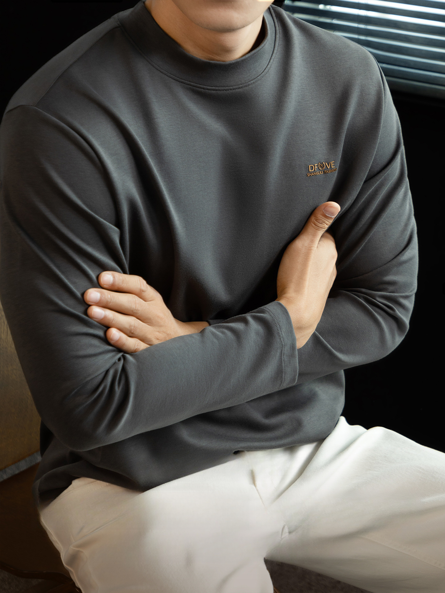 高定雲柔莫代爾棉T恤男士半高領秋冬輕熟商務打底衫垂感印花上衣