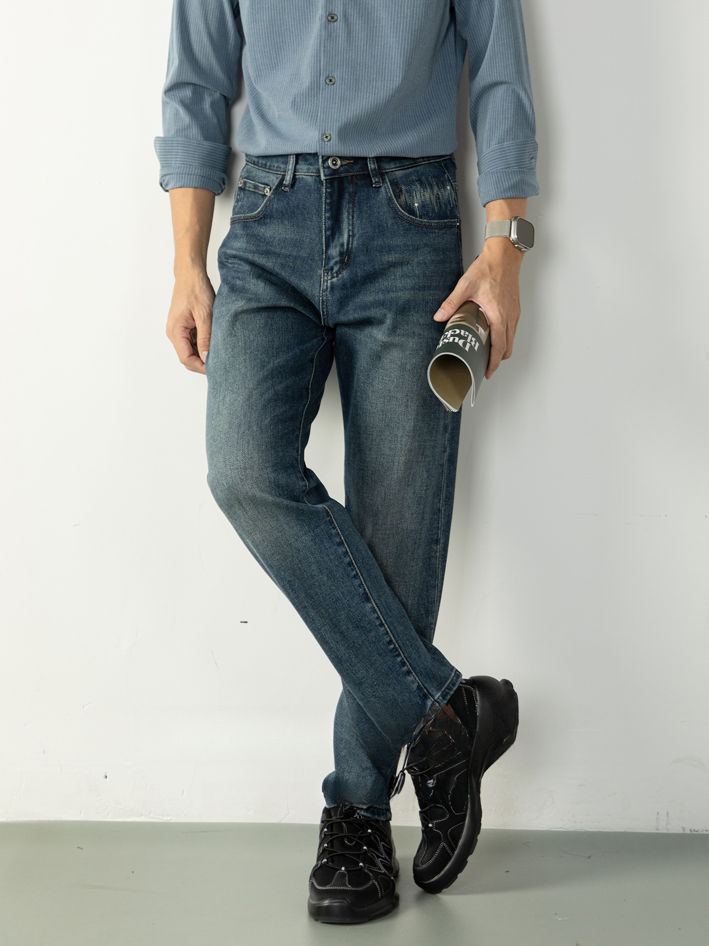 高街設計感水洗刺繡彈力牛仔褲男長褲微闊直筒透氣休閒褲秋季