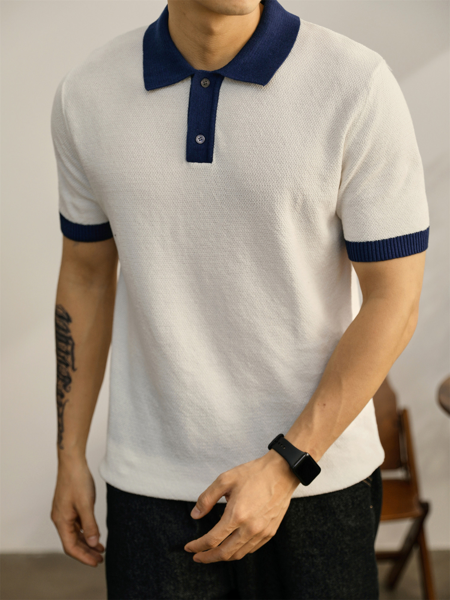 都市輕熟風撞色翻領Polo衫男夏季時尚休閒針織衫純棉上衣