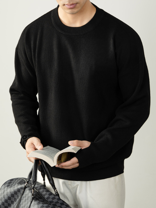 【鬆弛高級感】豎紋肌理寬鬆針織衫男厚實秋冬紐扣袖口設計毛線衣