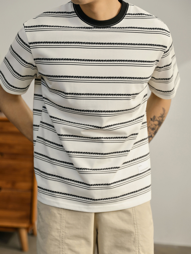 色織提花間色條紋撞色T恤衫復古男士輕奢230g太古棉短袖上衣