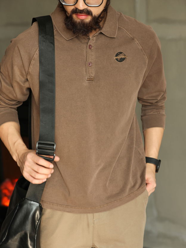 美式復古重磅250g洗水做舊長袖t恤男寬鬆插肩針織polo衫刺繡新款