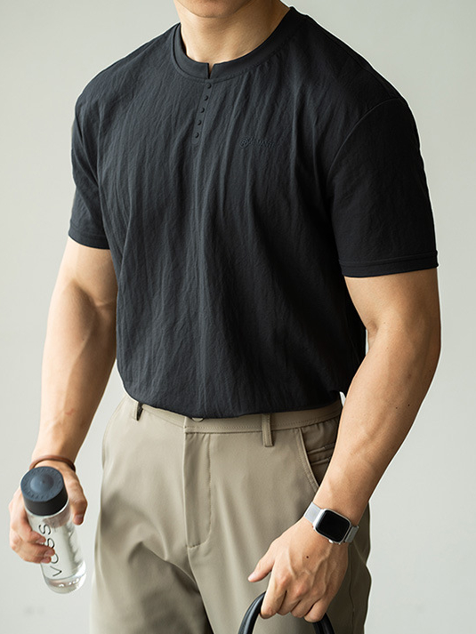 仿亞麻冰絲涼感薄款亨利領短袖T恤男2025夏透氣垂感休閒新款上衣