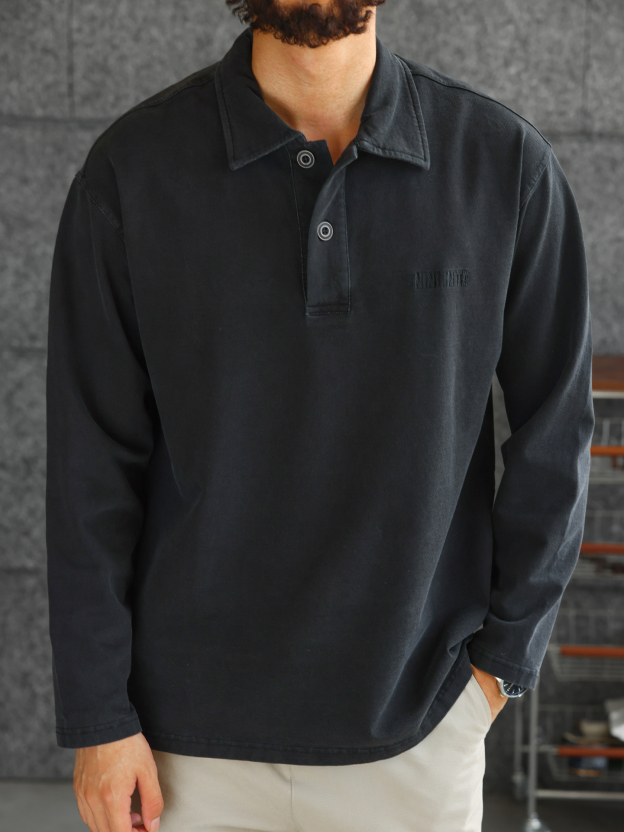 【智性通勤】水洗牛仔質感針織長袖POLO衫男紳士翻領T恤