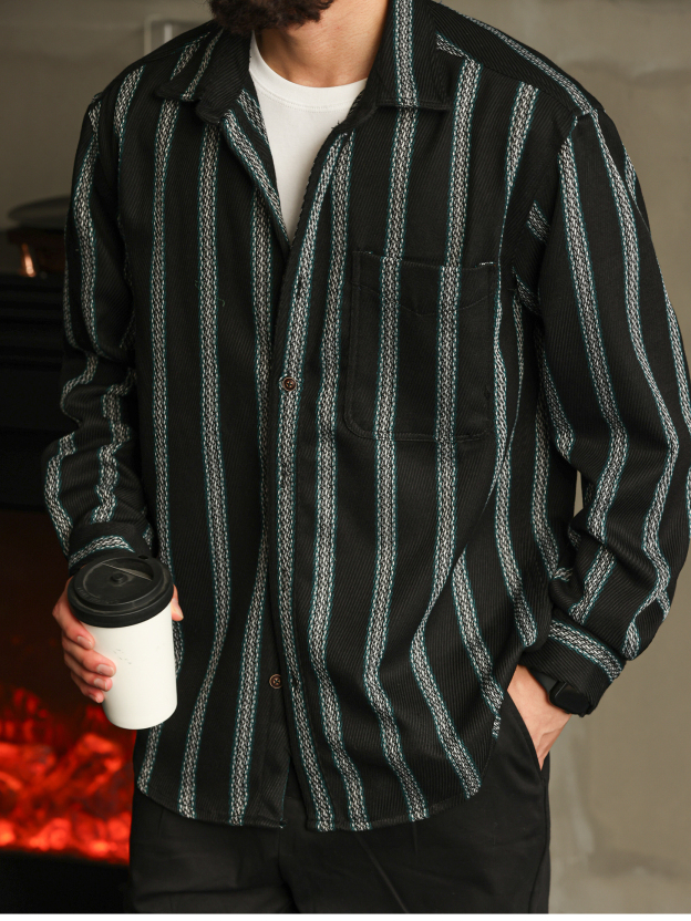 I都市摩登織帶質感條紋長袖襯衣男士秋季襯衫休閒寬鬆開衫