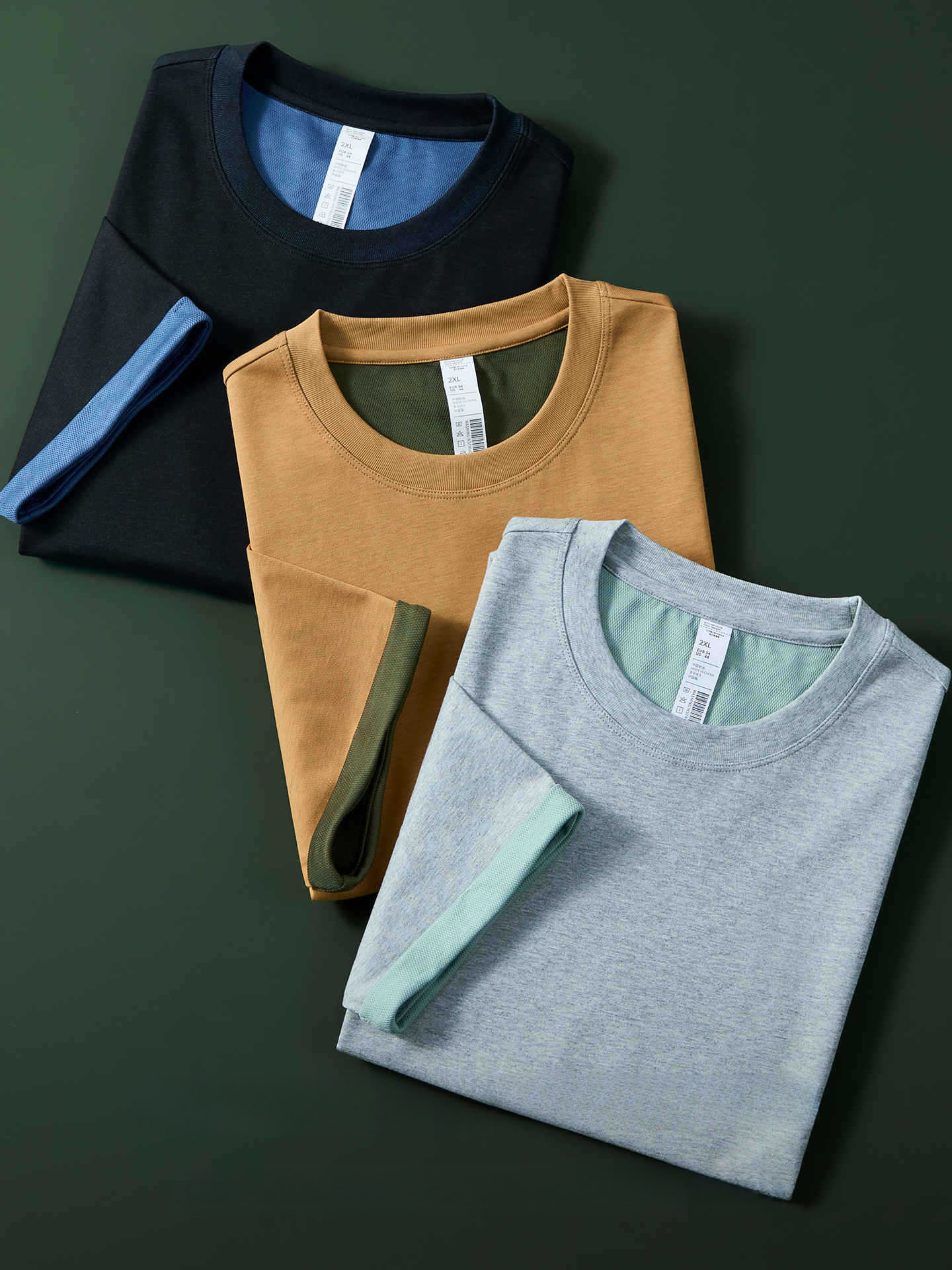 【高階復古】雙紗絲光棉撞色短袖T恤男260G重磅夏季涼感透氣速幹T恤