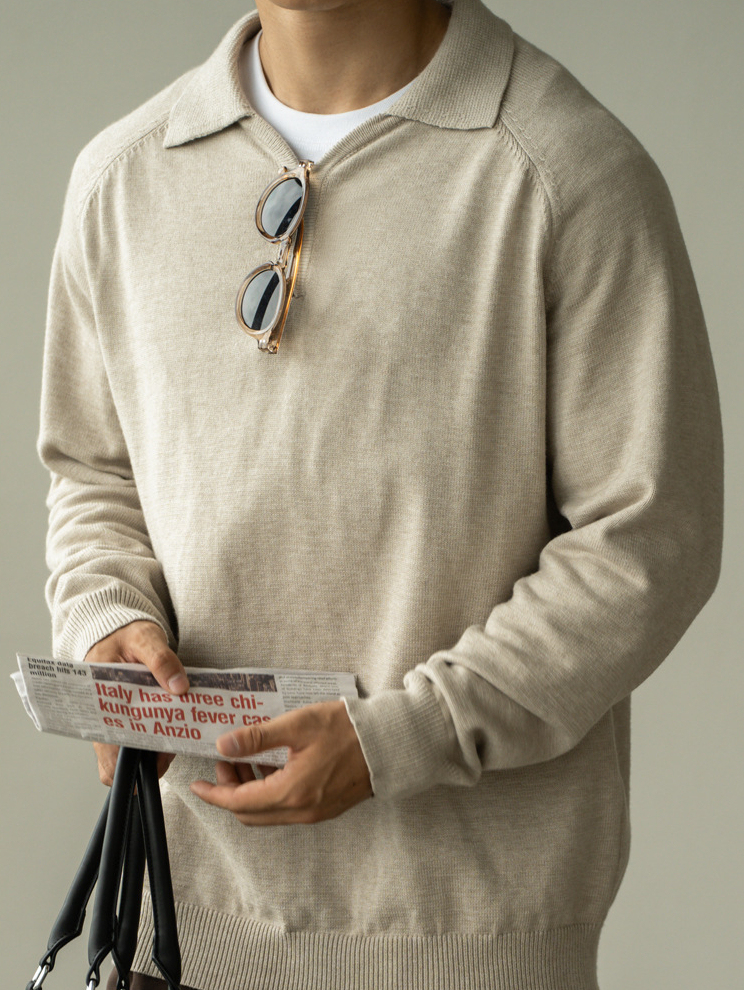 老錢風輕商務7針細膩紋理小V翻領半開襟毛衣男2025秋冬新款POLO衫