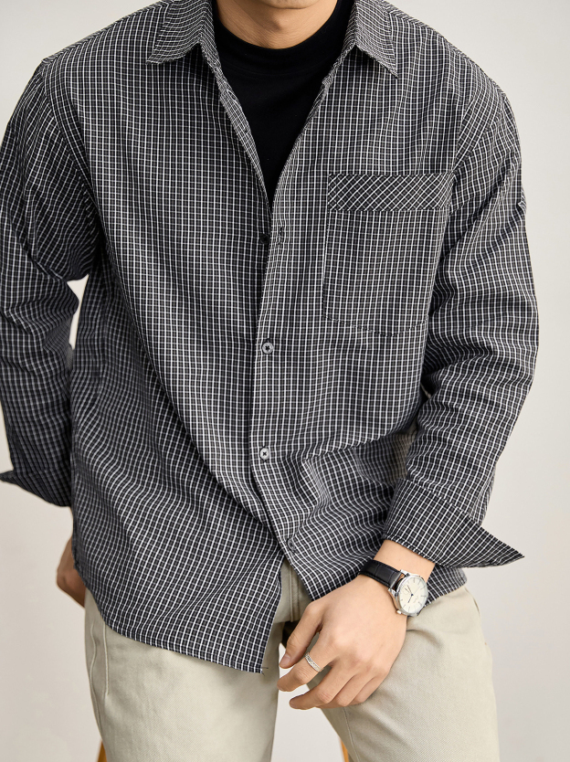 老錢風復古懷舊風抗皺免燙翻領襯衣單貼袋設計撞色格子襯衫男