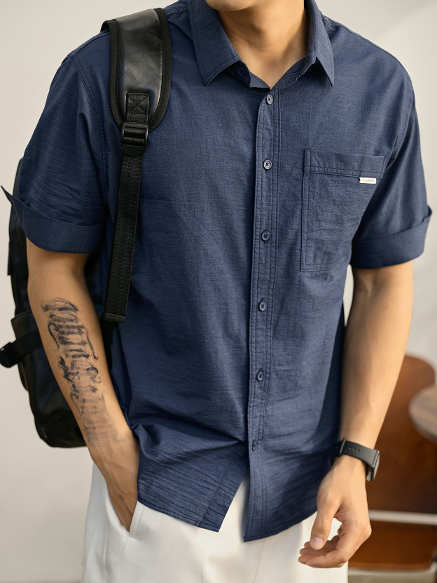 潮流時尚翻領短袖襯衣男士高級感輕奢壓皺薄款紗感單穿襯衫