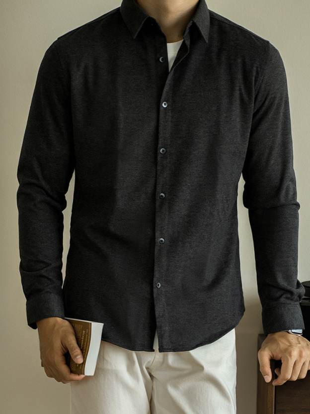 仿羊毛呢秋冬男士長袖襯衫商務休閒純色磨毛襯衣