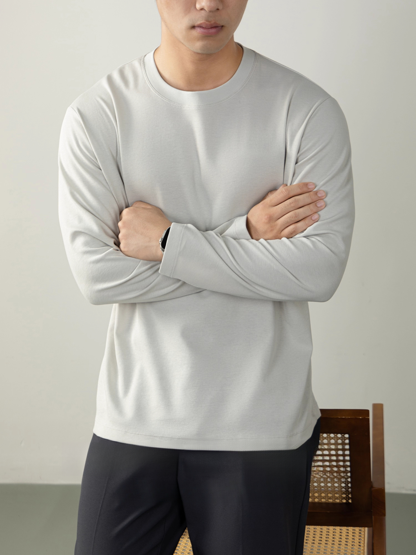 【慵懶高級感】240G重磅華夫格肌理長袖T恤男秋冬打底衫微闊寬鬆