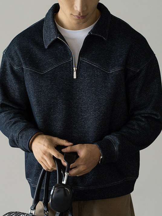 美式棉質雙色紗線撞色翻領衛衣男士仿牛仔保暖休閒新款上衣