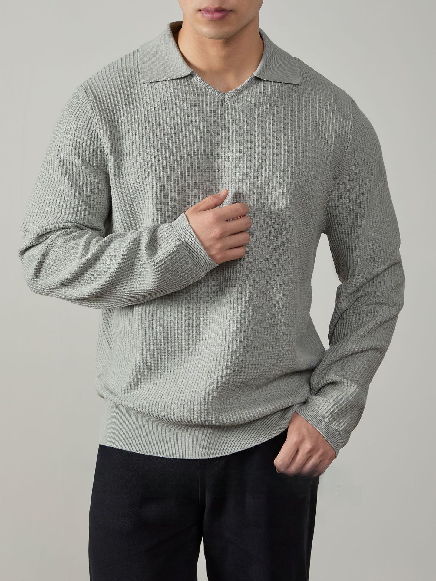 輕奢雙股針織衫V型翻領套頭毛衣男士秋冬保暖高級坑條肌理POLO衫