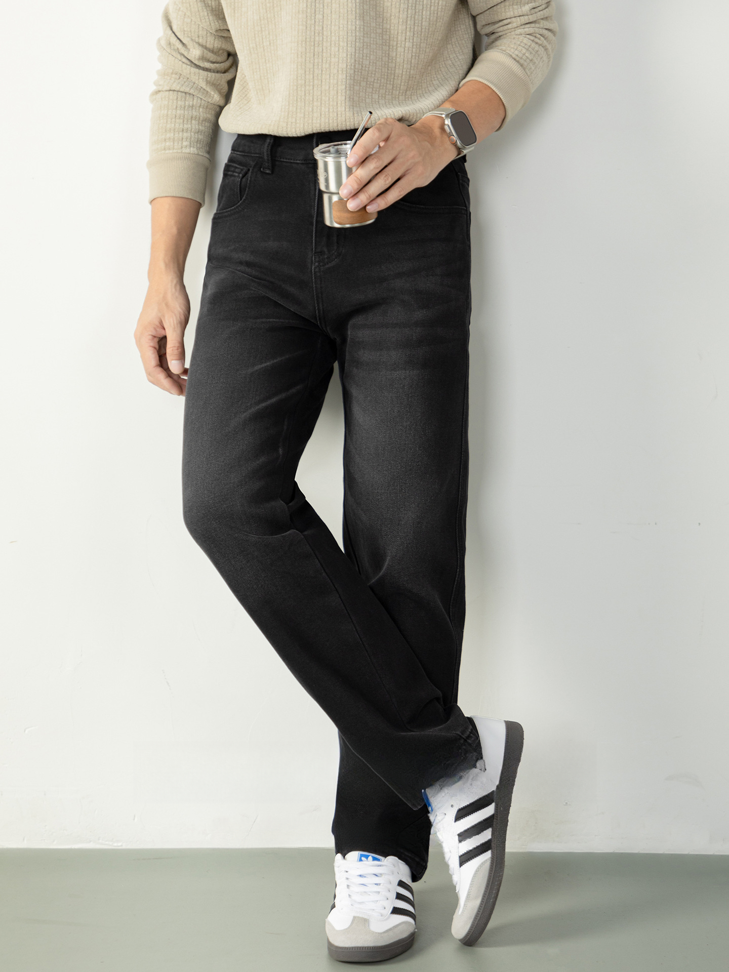 復古休閒風| 高級感石磨水洗通勤牛仔褲男微闊純色百搭直筒長褲