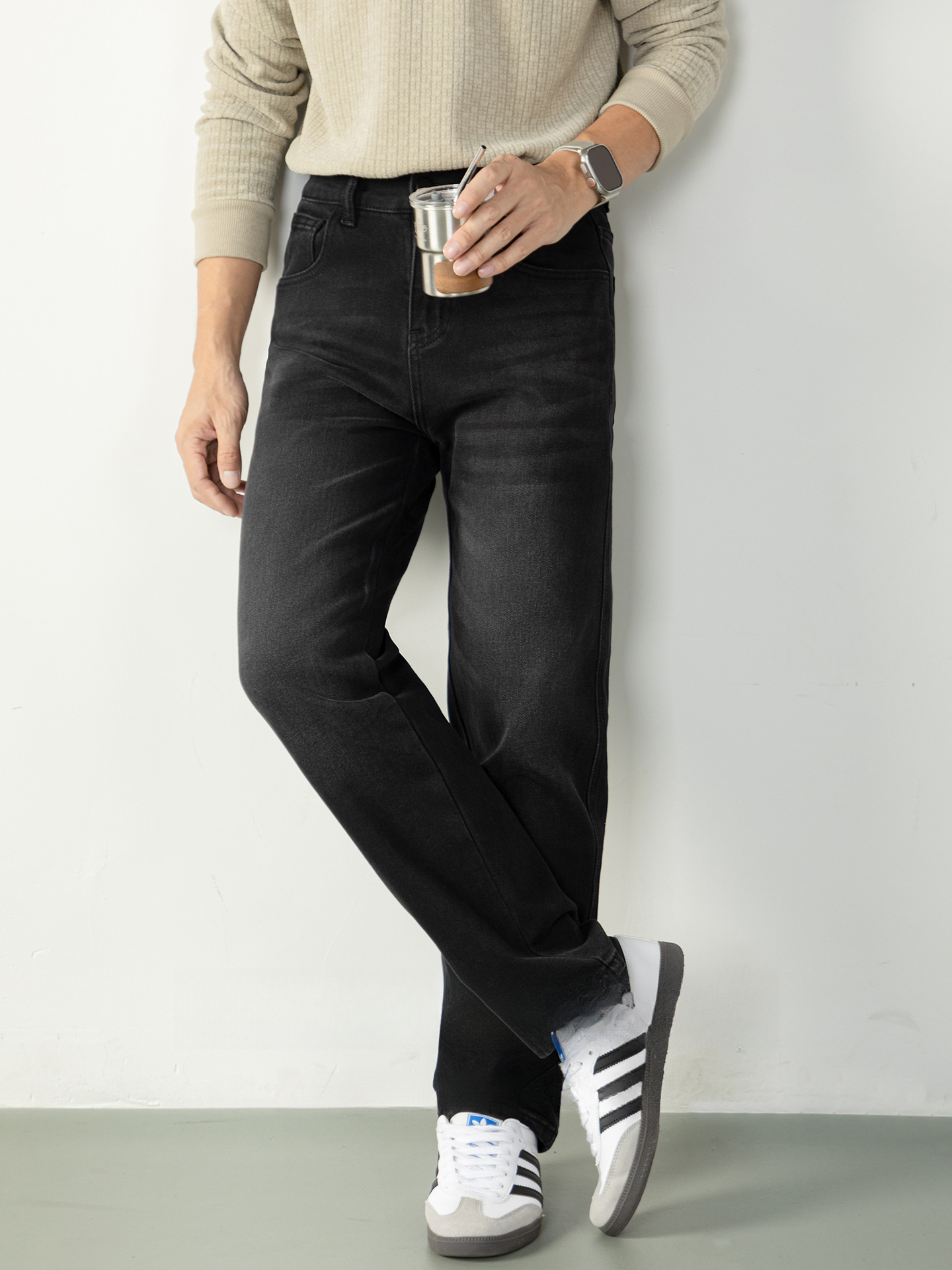 復古休閒風| 高級感石磨水洗通勤牛仔褲男微闊純色百搭直筒長褲