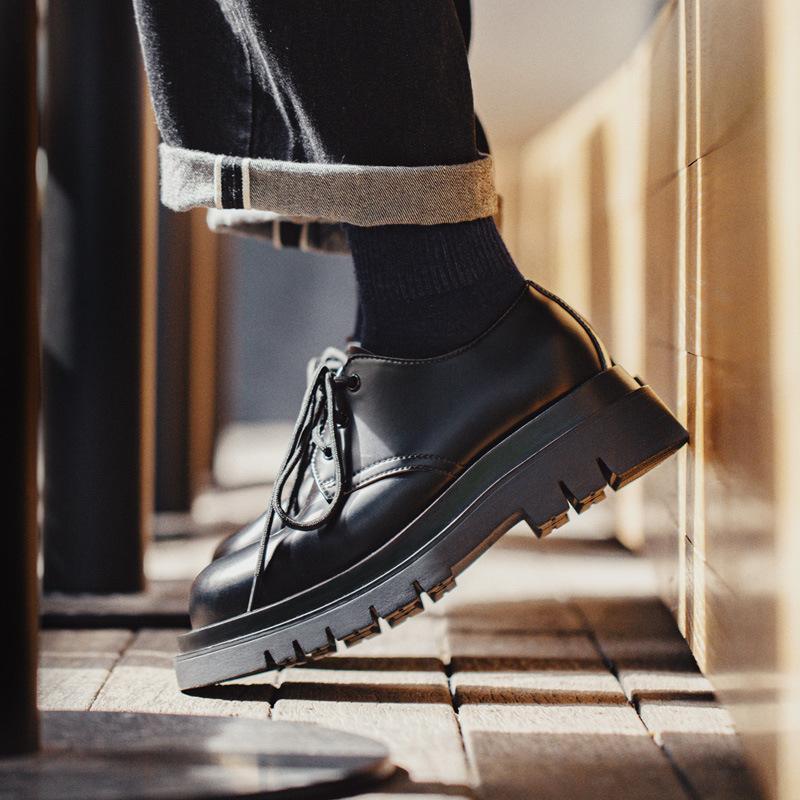 馬登德比鞋男春季低幫馬丁靴厚底黑色工裝鞋英倫休閑VIBE真皮鞋-Retro's Wear