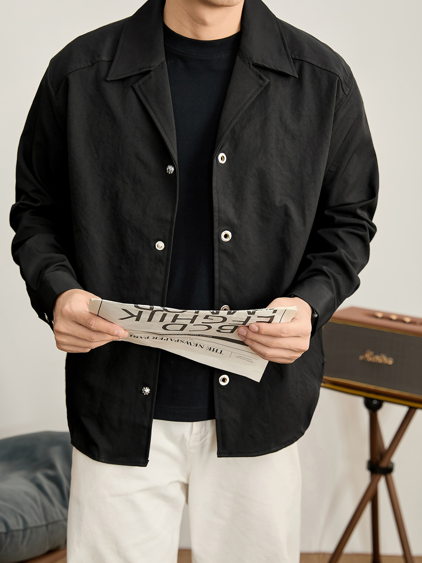 秋冬季男士防風保暖古巴領襯衫夾克簡約純色單排扣風衣外套