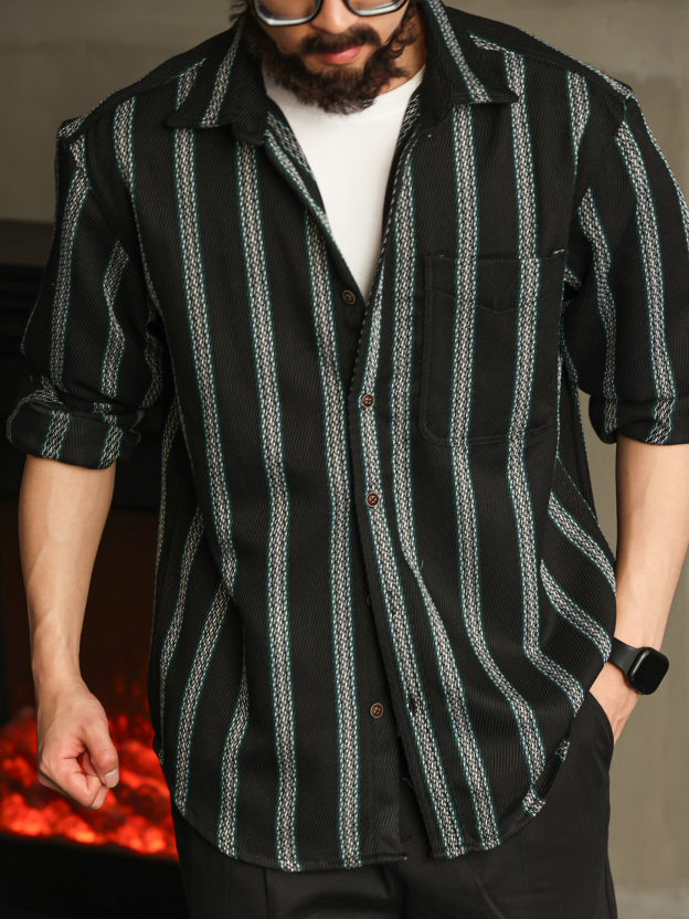 I都市摩登織帶質感條紋長袖襯衣男士秋季襯衫休閒寬鬆開衫