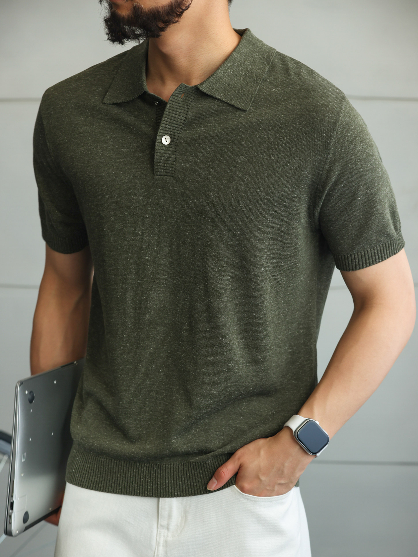 14針高端亞麻天絲短袖針織POLO男士輕熟復古通勤基礎T恤