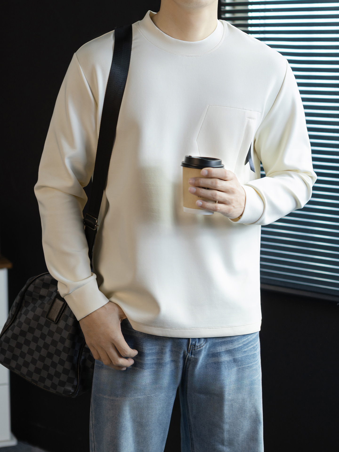 【紳士秋田風】320G重磅細紋拉鍊口袋T桖長袖男春季通勤百搭衛衣