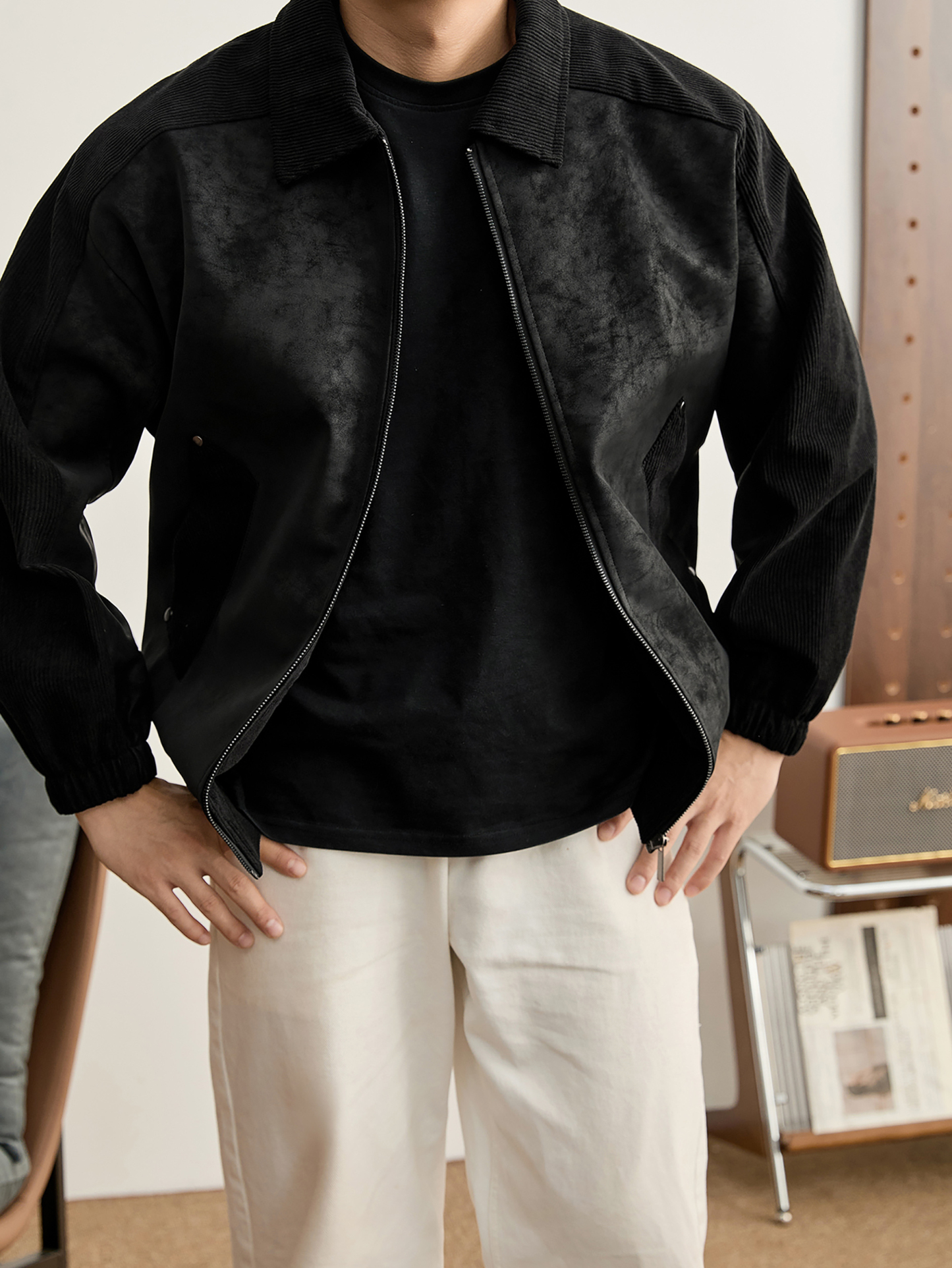 個性潮牌鉚釘拼接式設計PU防風外套燈芯絨插肩袖拼接夾克男